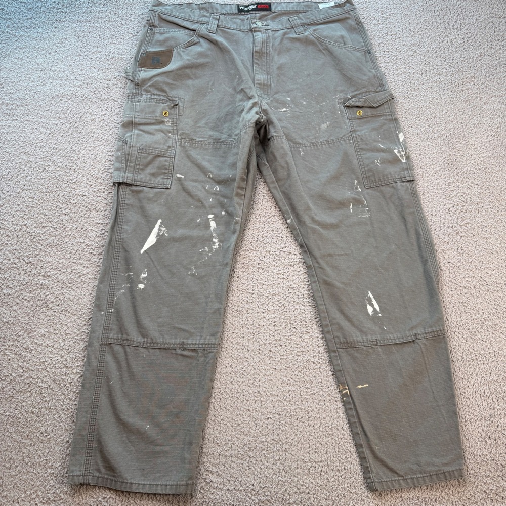 Wrangler Riggs Workwear Mens 40x32 Grey Ripstop Cargo Pants Paint Splatter Heavy